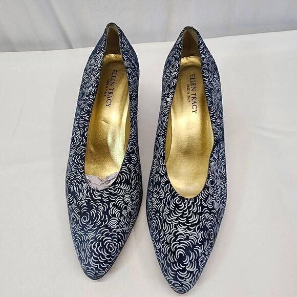 Vintage Ellen Tracy Floral Suade Blue Block Heels Pointed Ties Size 10 - Picture 4 of 9